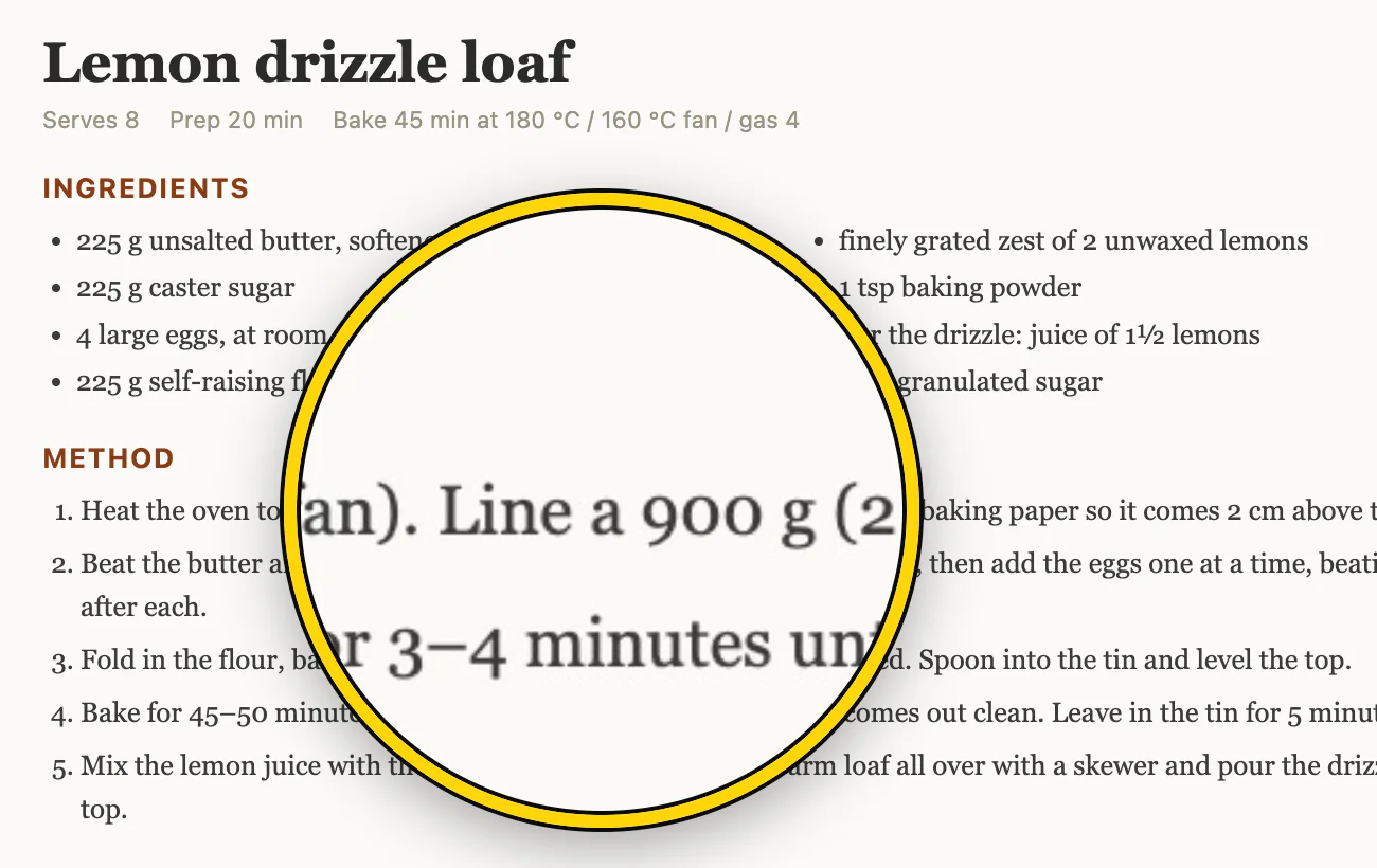 A recipe page with the Low Vision Magnifier lens: inside the yellow ring the oven instructions are twice as big